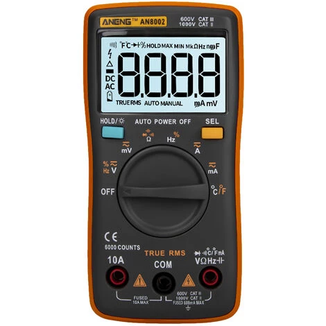ANENG Multimetre AN8002 6000 Mots Avec Valeur RMS Vraie, Multimetre Numerique A Plage Automatique, Livresans Batterie, Orange