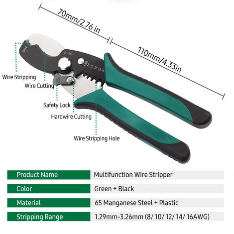 HAPPYSHOPPING Pince A Denuder 8/ 10/12/ 14/16 AWG Multifonction Outil De Denudage Et De Coupe Coupe-cables Pince A Denuder Outils A Main Pour Electricien, Modele : Vert Et Noir – Image 2