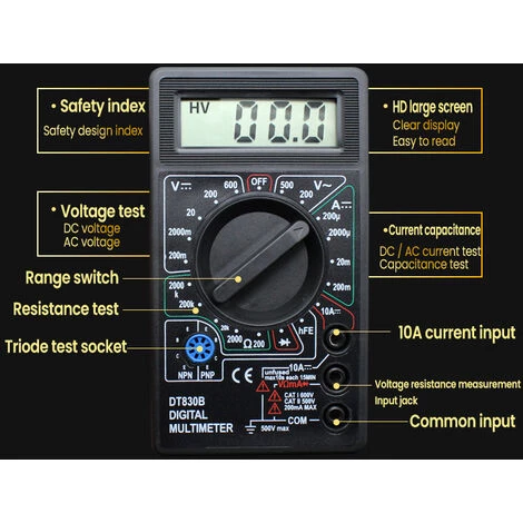 MERKMAK Multimetre Numerique Lcd Dt-830B, Mini Multimetre Portable Pour Voltmetre Ammetre Ac/Dc 750/1000V Ohm Testeur Metre Avec Sonde Noir – Image 4