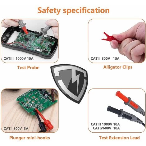 DECKON Sondes De Multimètre, Kit De Test En Silicone Souple Pour électricien, Cordons De Mesure Cat III 1000V Avec Pinces Crocodiles Et Sonde à Aiguille – Image 4