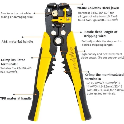 MONLY Pince à Dénuder Automatique Pince à Sertir Avec Reglage De Précision Cables AWG 24-10 / 0,2-6.0mm², Convient Pour Dénuder, Couper, Appuyer, Isoler Ou Non Isolé – Image 3
