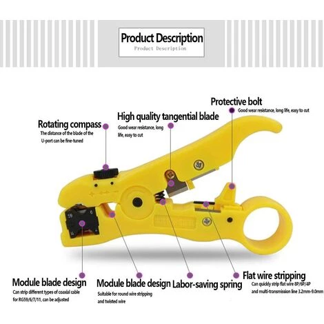 Universel Dénudeur De Câbles ,1 Pcs Outil De Dénudage, Pince à Dénuder Cutter Outil, Coaxiaux RG 59/6/7/11 Cat5/6 Pince à Dénuder UTP Coaxial Coax Câble, Pour Câbles Coaxiaux Et De Données 125 Mm,jaune 56Vingt – Image 2