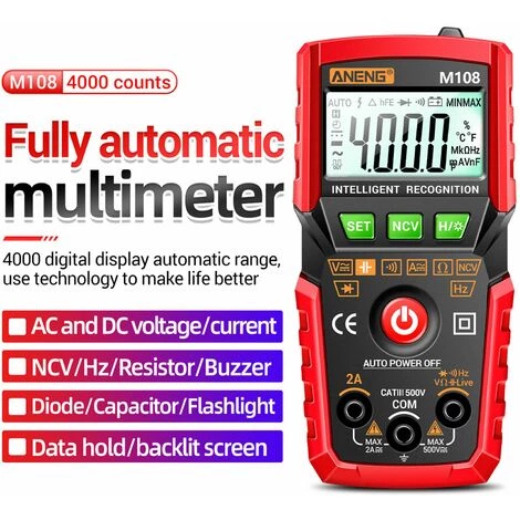 LIFCAUSAL ANENG M108 Multimetro Digitale Intelligente Auto Range 4000 Conti NCV Misuratore Multifunzione Palmare Voltmetro Amperometro Con Retroilluminazione Torcia AC/DC Tensione E Resistenza Di Corrente Rosso – Image 5